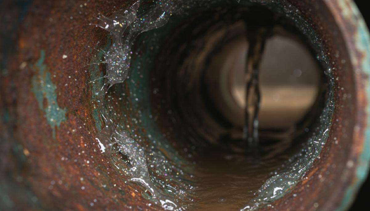 Макроснимок внутренней поверхности старой водопроводной трубы, покрытой толстой слизистой биопленкой с вкраплениями частиц.