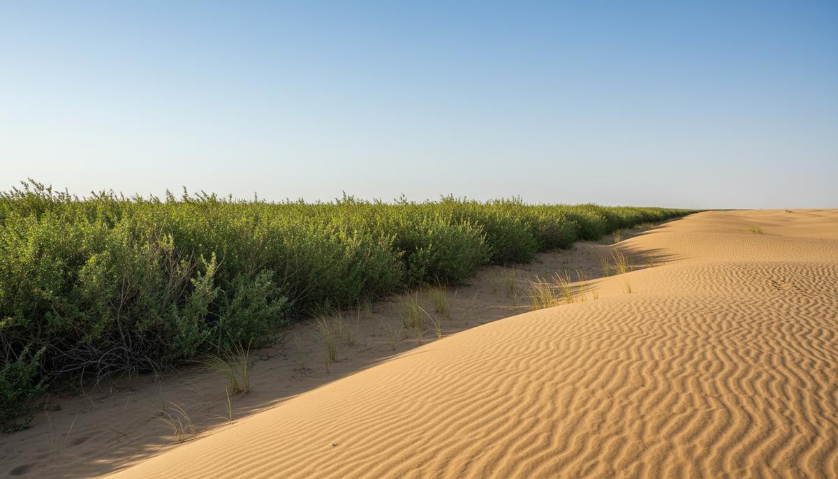 Китайский оазис: как озеленение пустыни помогает улавливать CO₂ Зеленые кустарники, высаженные в рамках проекта по озеленению, на границе с бескрайними песчаными дюнами пустыни Такла-Макан.