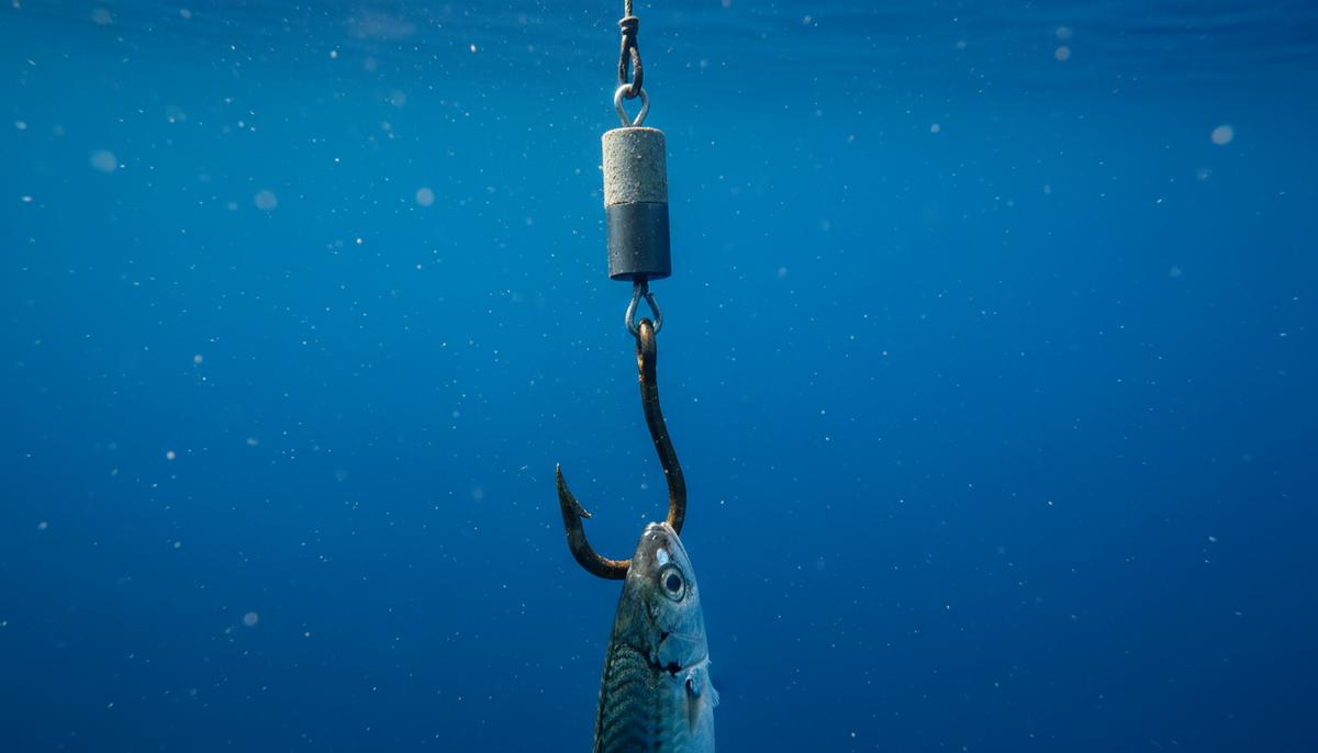 Цинковая защита: технология спасет миллионы акул от гибели Рыболовный крючок с наживкой и устройством для отпугивания акул на леске под водой. Вид крупным планом в океане.