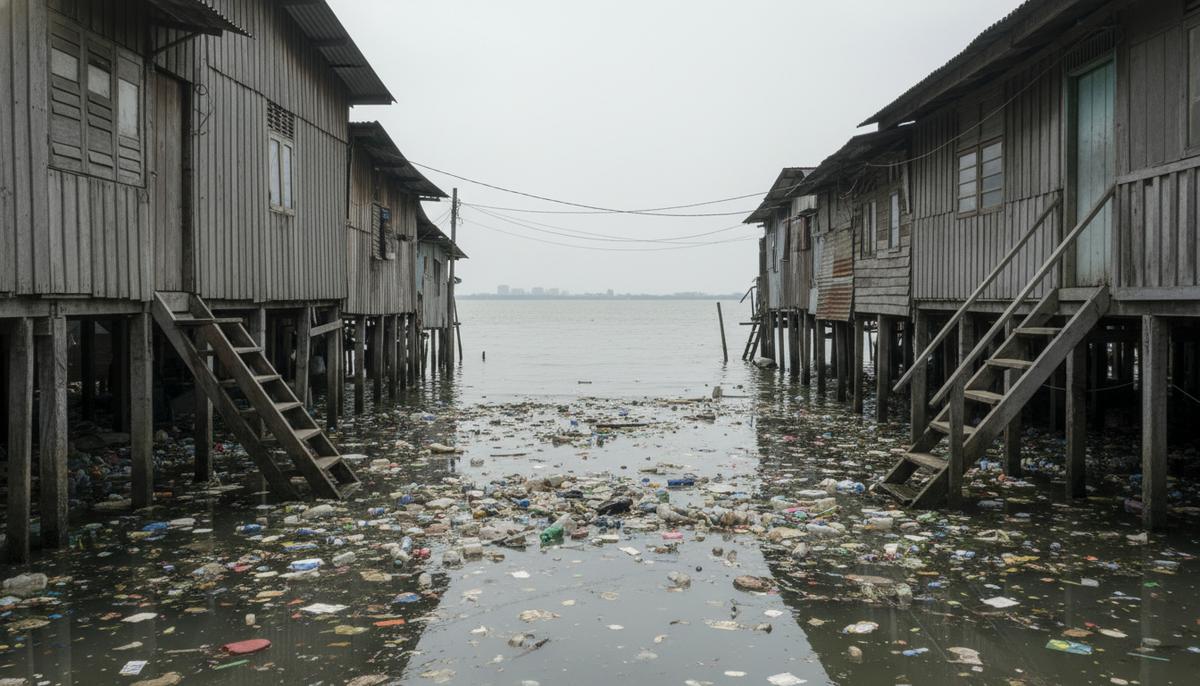 Джакарта тонет: как нехватка воды погружает мегаполис в океан Затопленная улица в бедном районе Джакарты Муара Ангке. Грязная вода с мусором у стен ветхих домов на сваях.