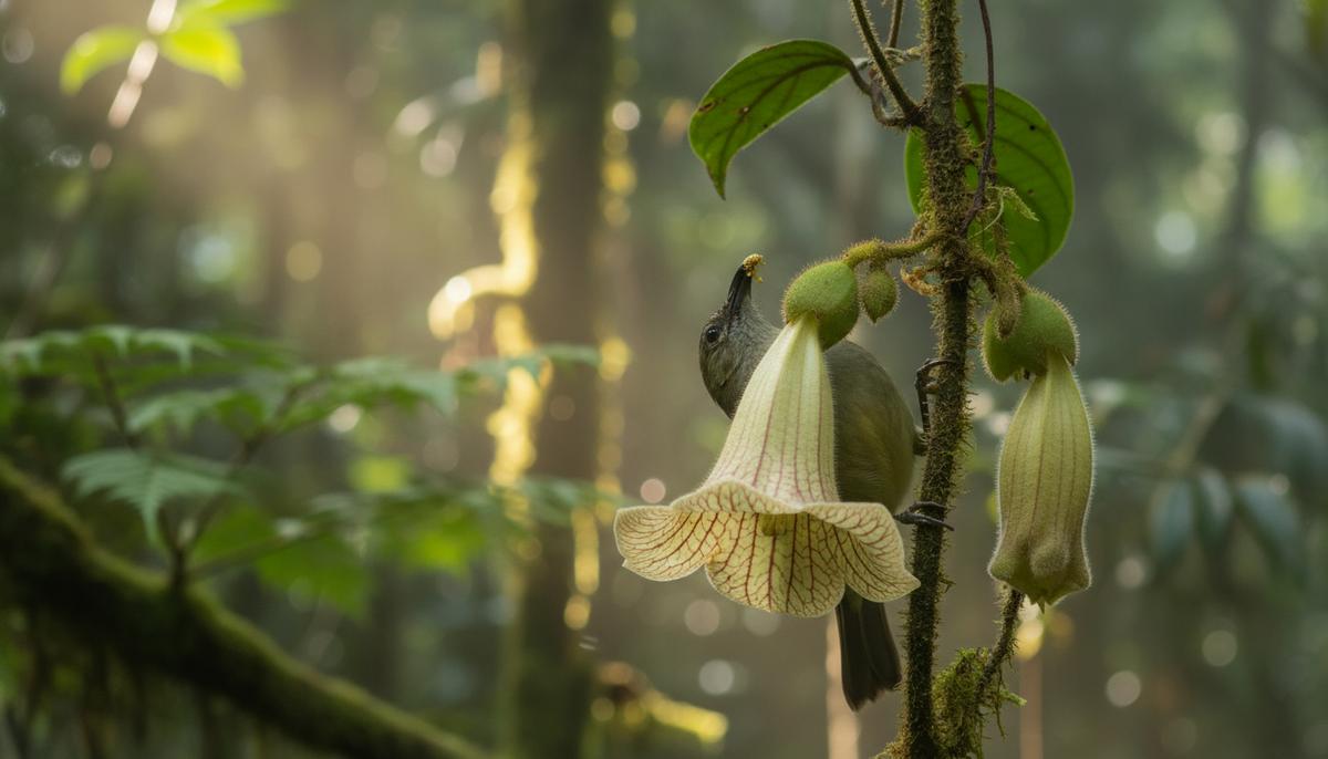 Маленькая птица с коротким клювом пьет нектар из желто-зеленого цветка эсхинантуса в тропическом лесу.