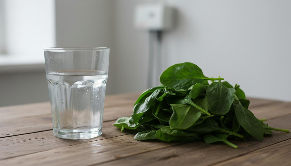 Двойная жизнь нитратов: как источник влияет на риск деменции Стакан с чистой питьевой водой и пучок свежего зеленого шпината лежат рядом на деревянном столе.
