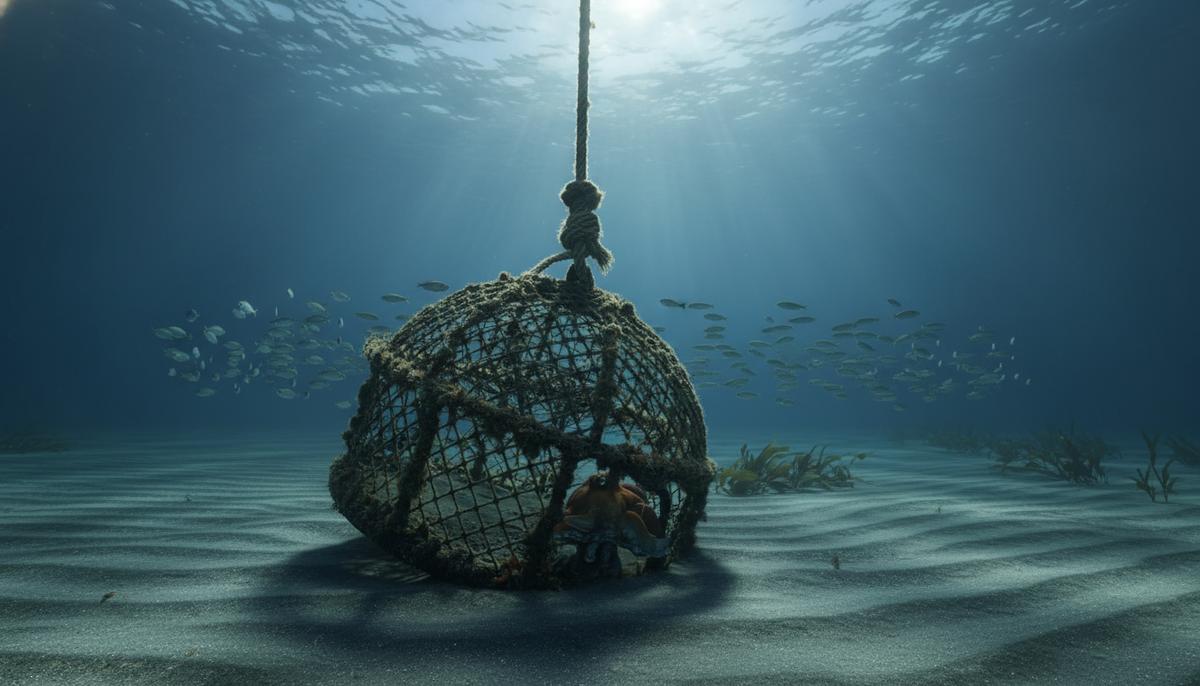 Орегон ужесточает лов краба для спасения горбатых китов Крабовая ловушка с длинным канатом на песчаном дне океана. Сквозь толщу темной воды пробиваются лучи солнца с поверхности.