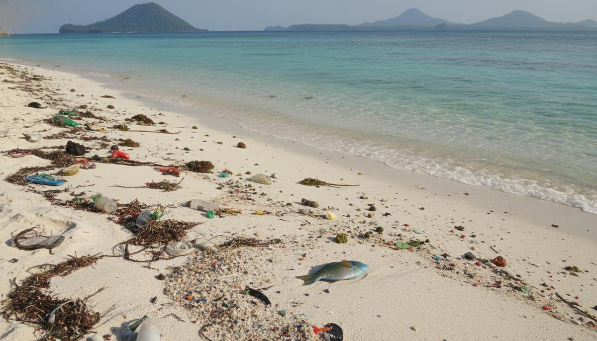 Пластиковый парадокс: треть рыбы в Тихом океане содержит микропластик Тропический пляж с белым песком и бирюзовой водой. На берегу среди песка лежит мертвая рифовая рыба и разбросан пластиковый мусор.