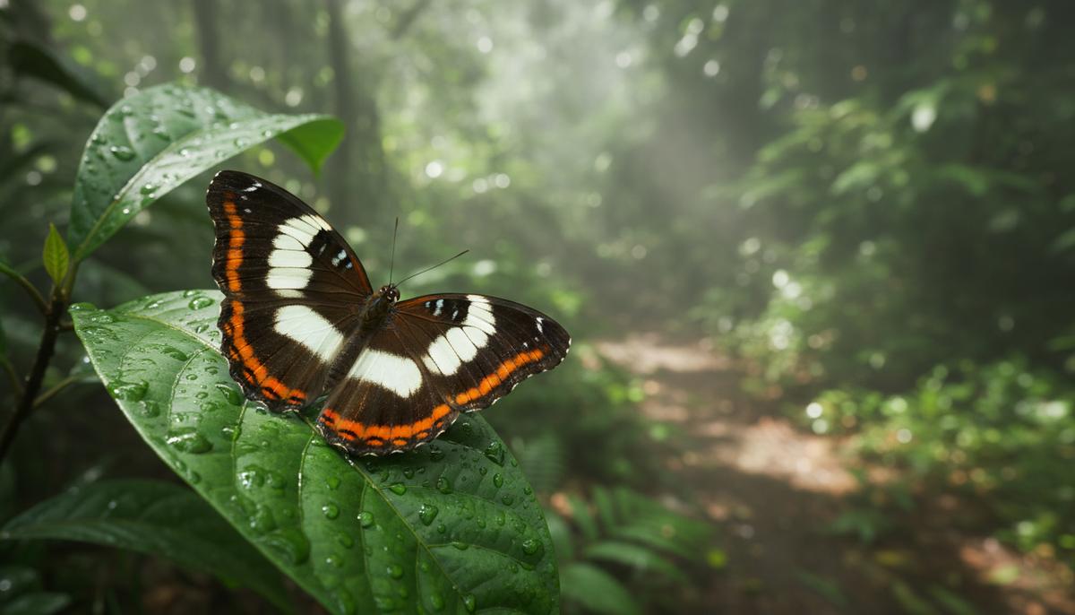 Гордиев узел эволюции: как бабочки раскрыли тайну биоразнообразия Бабочка Adelpha с ярким оранжево-белым узором на темных крыльях сидит на мокром зеленом листе в тропическом лесу.