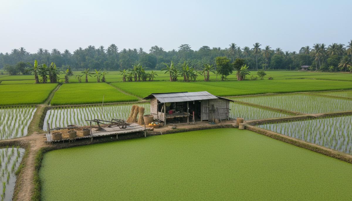 Аграрный сектор Мьянмы: выживание в условиях поликризиса Небольшой пруд, заросший зеленым водным папоротником азолла, на территории фермы в сельской Мьянме. На заднем плане – рисовые поля и тропическая растительность.