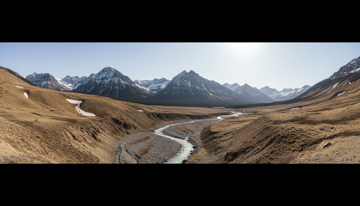 Весенние Скалистые горы Канады. Снег на склонах растаял, обнажая сухую землю. Вниз по склону стекает истощенный горный ручей.