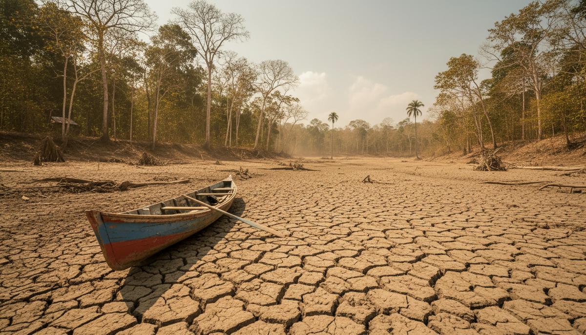 Пересохшее русло реки в амазонских джунглях во время засухи. Деревянная лодка лежит на растрескавшейся земле в окружении тропического леса.