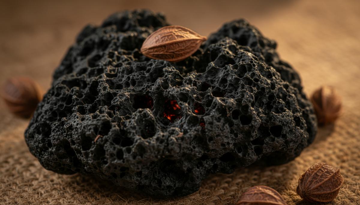 Биоуголь из отходов: дешевый способ хранить тепловую энергию Крупный план пористого черного биоугля рядом с целыми семенами дерева ним на натуральной поверхности.