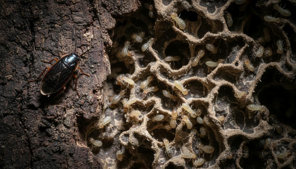 Секрет успеха термитов: как потеря генов создала сверхсложное общество Разрез гниющего бревна: слева предок-таракан, справа – колония полупрозрачных термитов в вырытых туннелях.