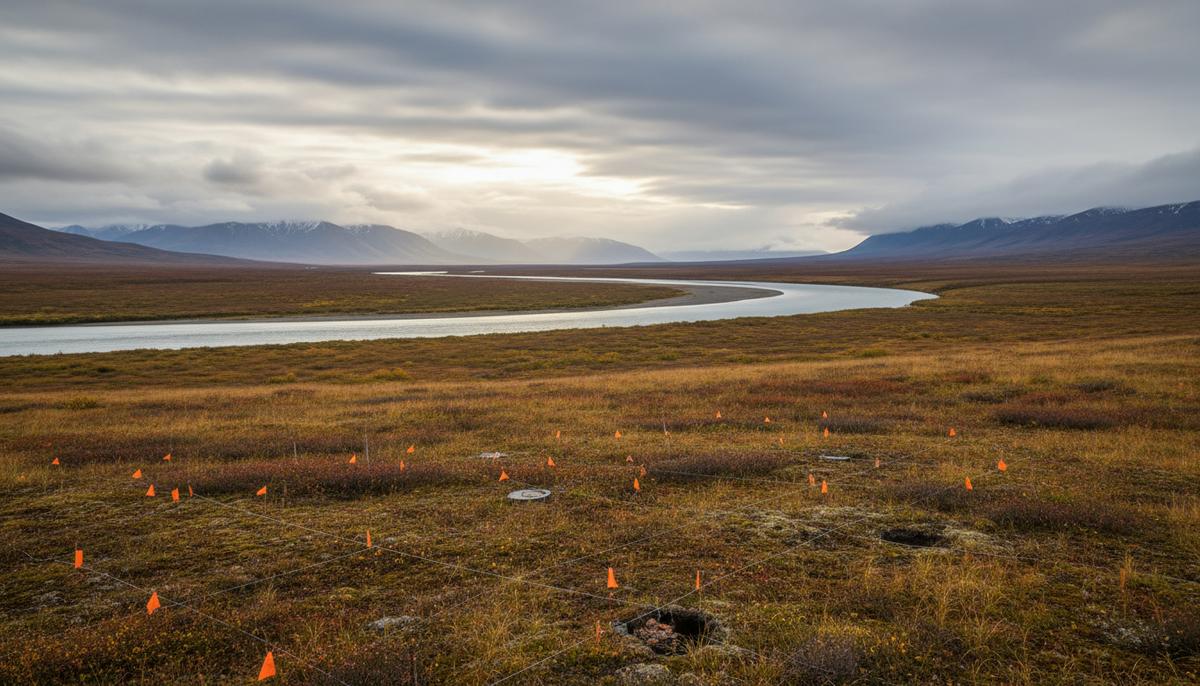 Судьба Аляски: суд потребовал переоценить риски рудника Donlin Gold Бескрайняя аляскинская тундра в районе реки Кускоквим с разведочными метками на переднем плане и горами на горизонте.