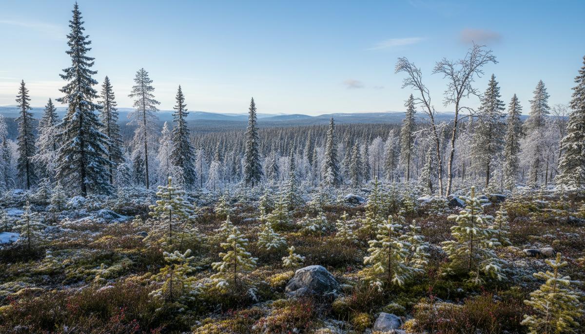 Молодые саженцы деревьев, высаженные на поляне в северном бореальном лесу. На заднем плане видны взрослые ели и сосны под ясным небом.