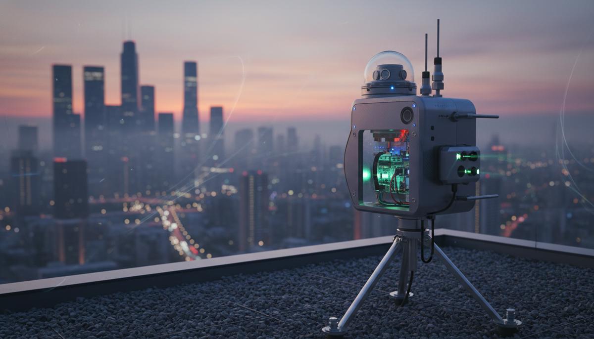 Высокотехнологичный датчик для мониторинга атмосферы на крыше здания на фоне современного мегаполиса в вечерней дымке.