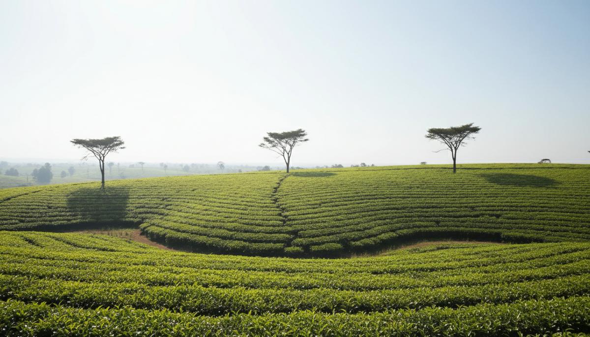 Климат оставляет следы: новая угроза для здоровья кожи в Кении Бескрайние холмы с рядами чайных кустов в Кении под ярким, палящим солнцем в безоблачный день.