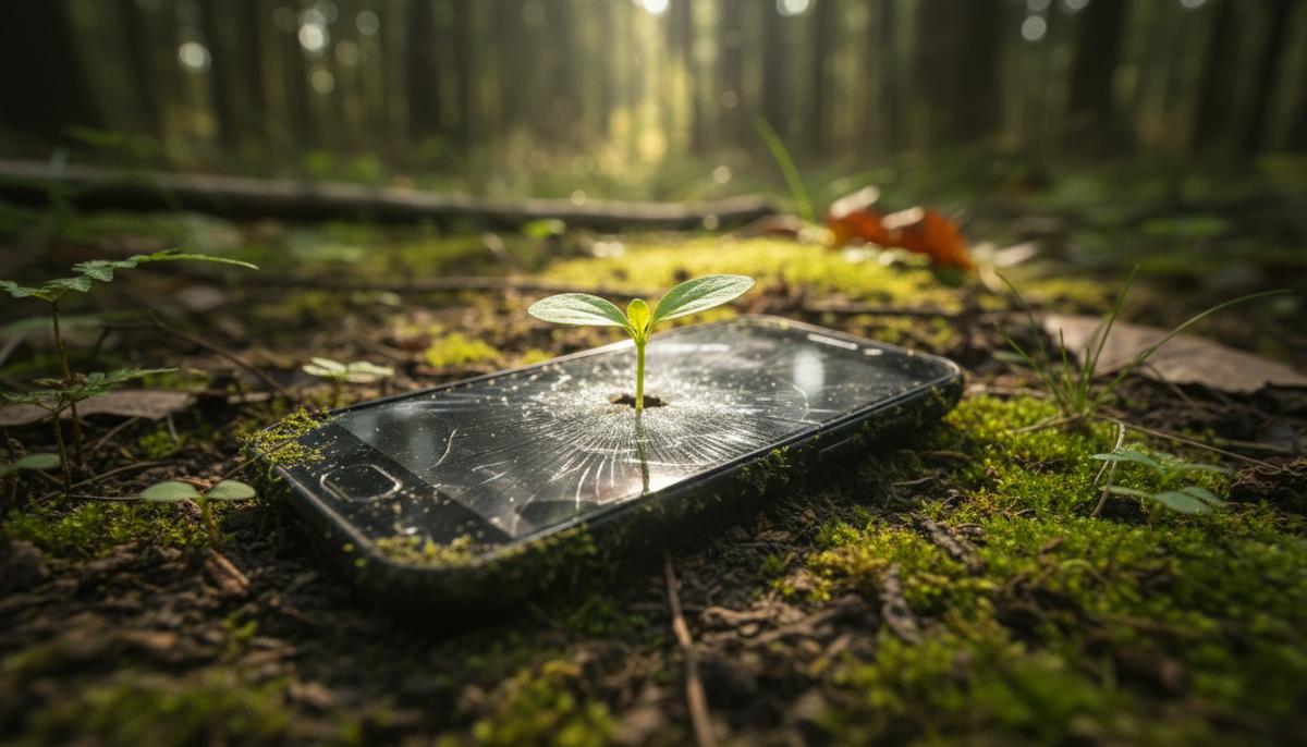 Зеленый росток пробивается сквозь треснувший экран смартфона, лежащего на мшистой земле в лесу.