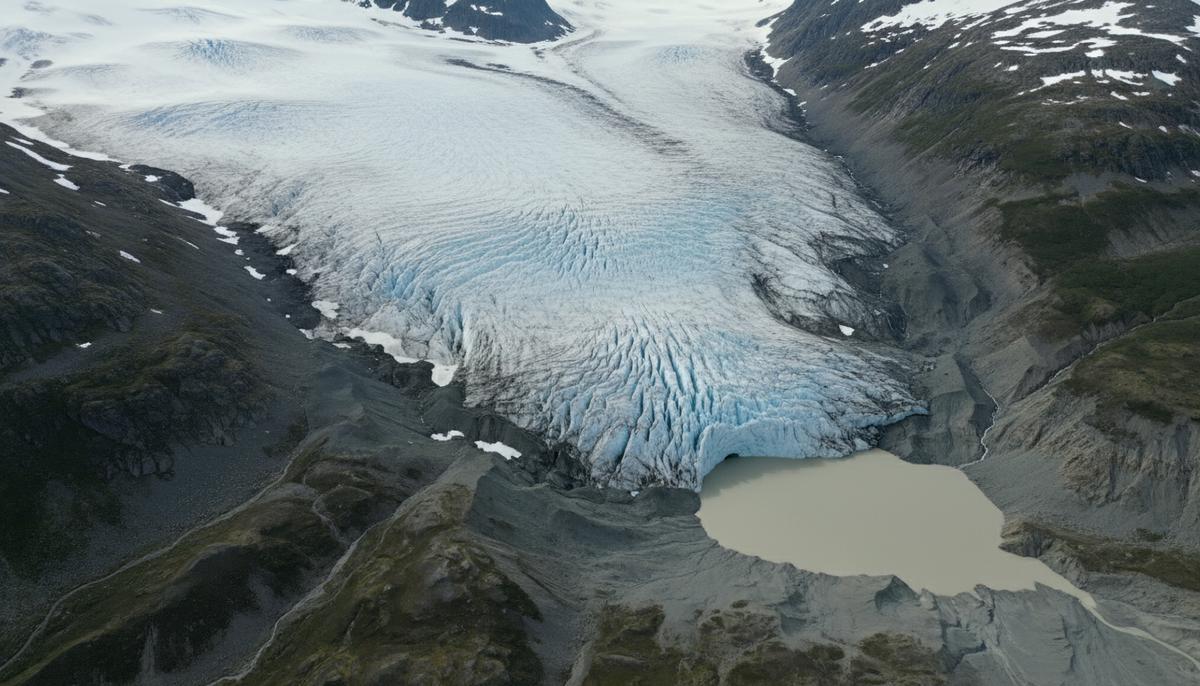 Судьба Йостедалсбреена: крупнейший ледник Европы тает на глазах Воздушный вид на ледник Йостедалсбреен в Норвегии, отступающий в горной долине и образующий у своего края бирюзовое талое озеро.