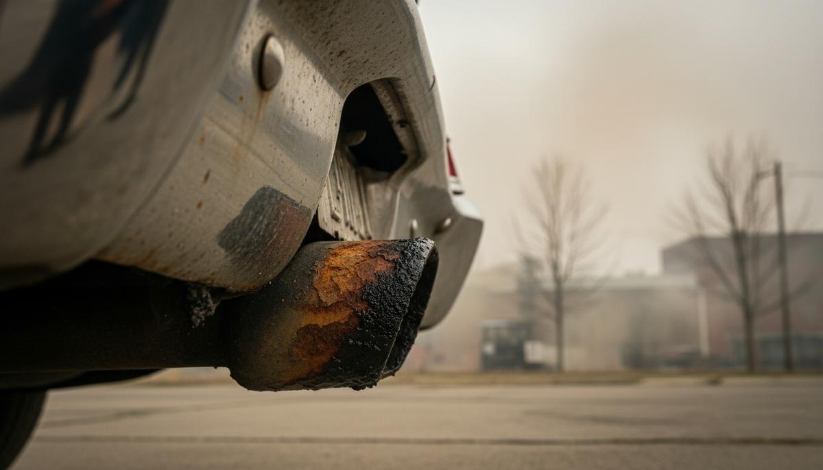 Крупный план ржавой, покрытой сажей выхлопной трубы старинного автомобиля на размытом фоне, символизирующий загрязнение воздуха свинцом.