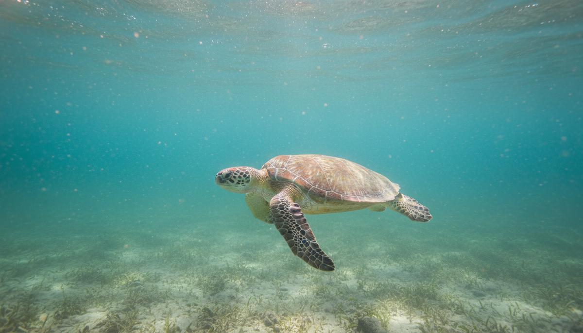 Морская черепаха Кемпа плывет под водой в прибрежной зоне. Солнечные лучи пробиваются сквозь толщу воды.