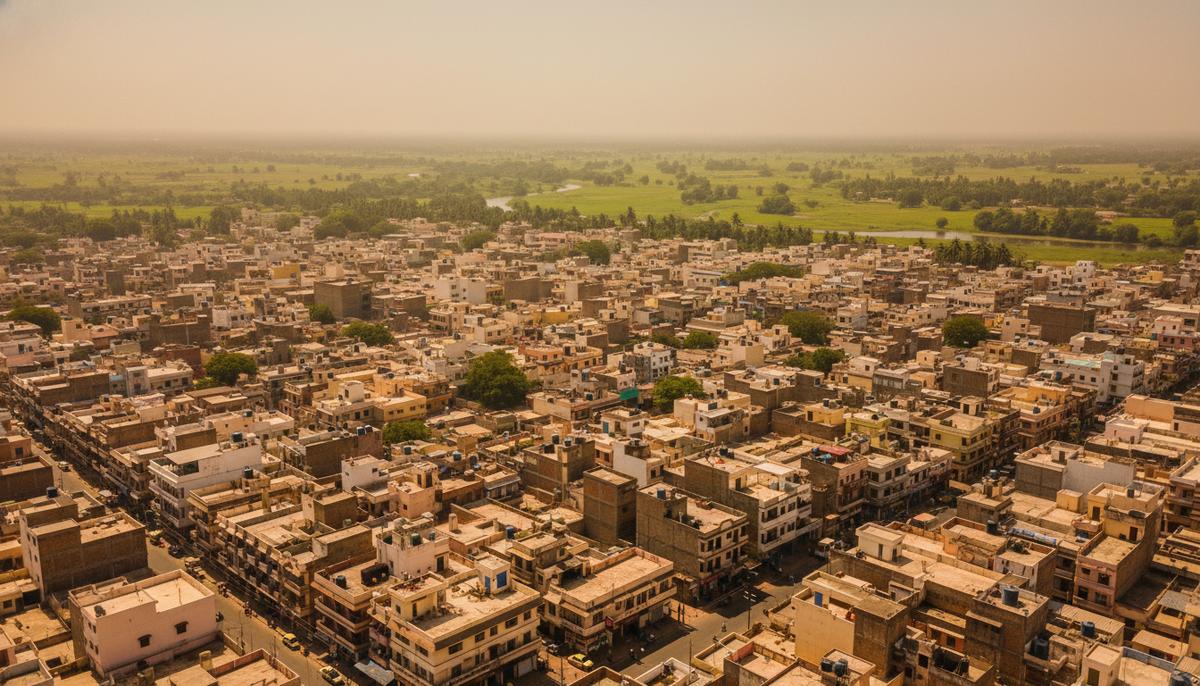 Плотная застройка индийского города под палящим солнцем. От асфальта и крыш поднимается марево жары, на горизонте видны сельские поля.