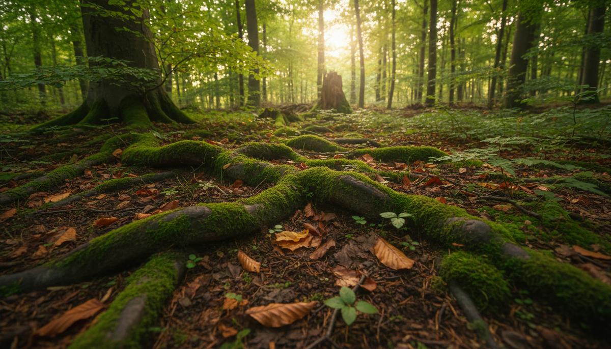Лесная почва, покрытая мхом и опавшими листьями, у корней деревьев. Солнечные лучи пробиваются сквозь густую крону леса.