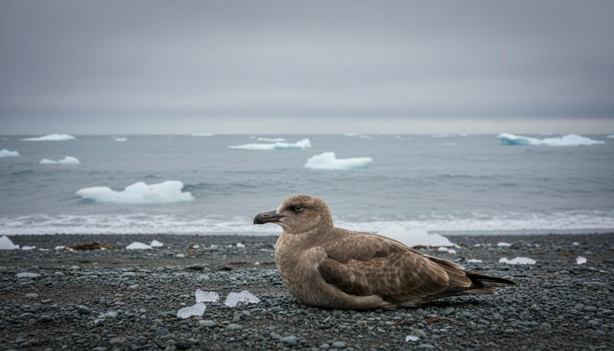 Мертвая птица поморник на каменистом побережье Антарктиды, на фоне холодного моря и пасмурного неба.