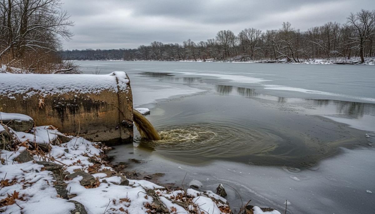 Сточная труба сбрасывает неочищенные воды в реку Потомак, создавая видимое загрязнение. На берегу зимний пейзаж.