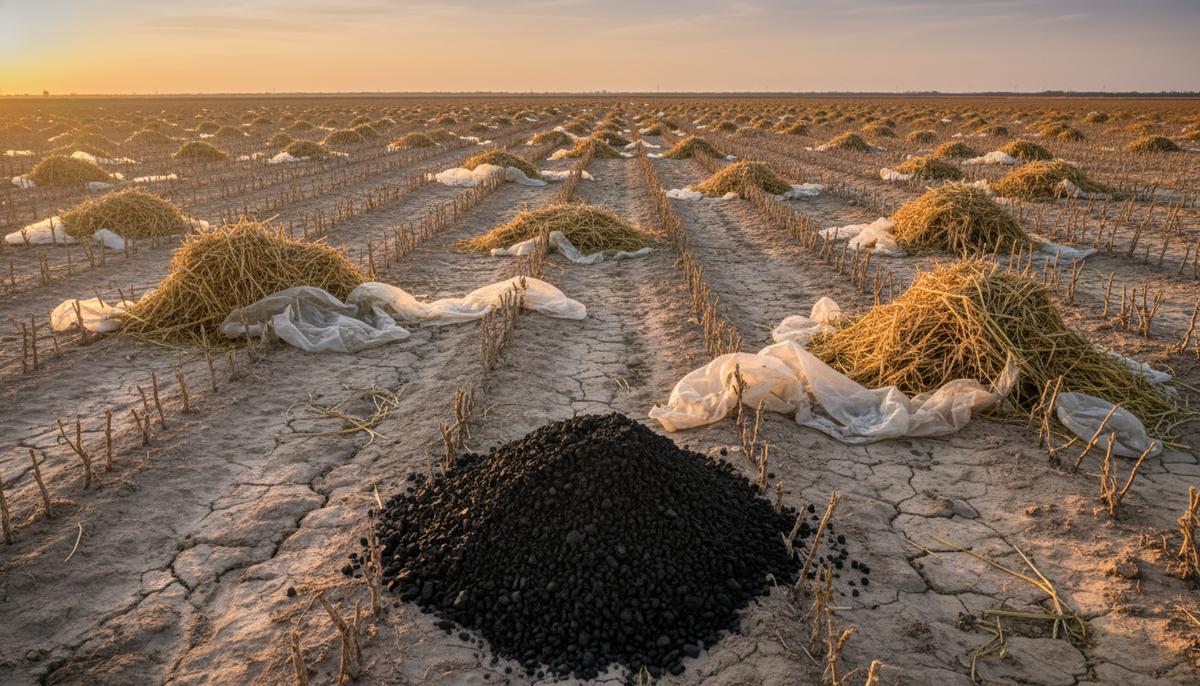 Куча черного биоугля на переднем плане на фоне хлопкового поля после сбора урожая с остатками соломы и пластиковой пленки.