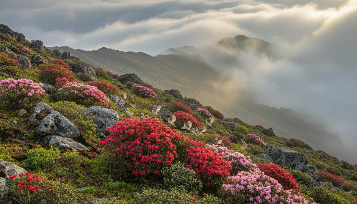 Стая мелких птиц летит вверх по горному склону, заросшему цветущими рододендронами, на фоне туманных облаков и пробивающегося солнца.