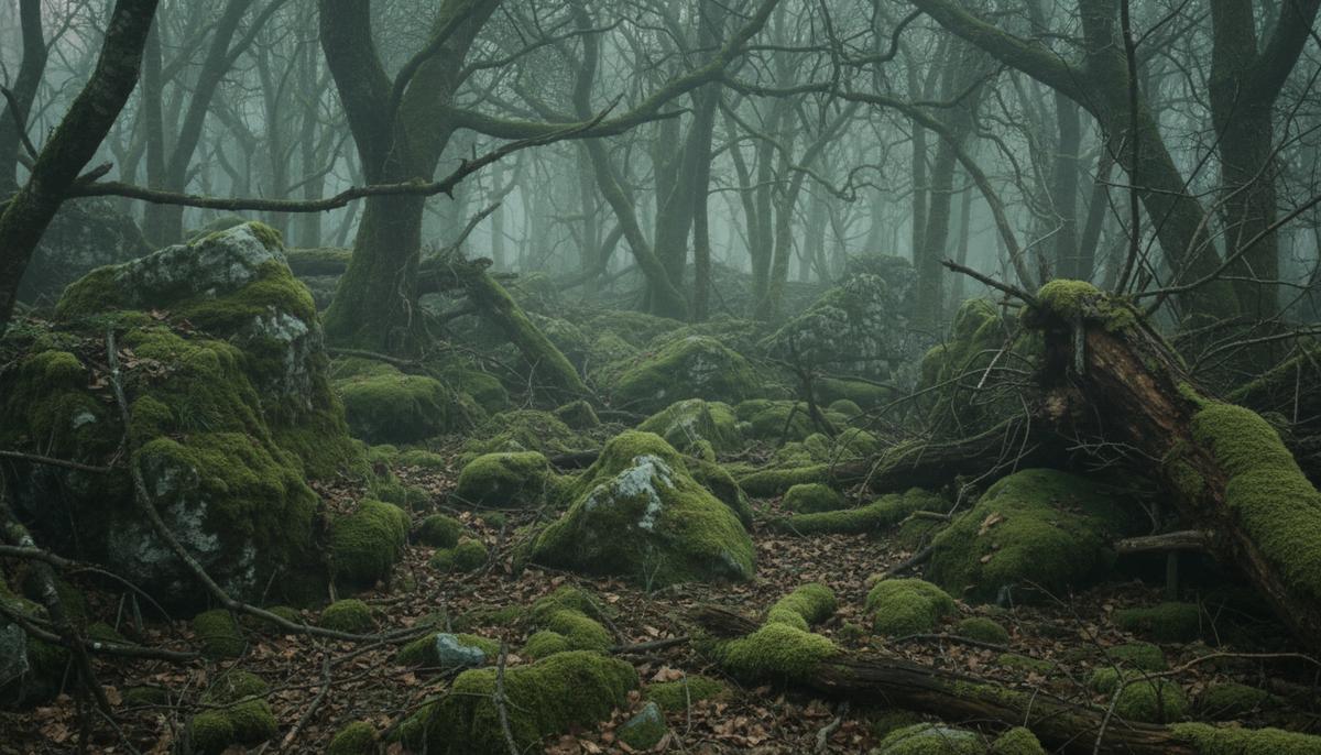 Замшелый лесной ландшафт с поваленными деревьями в тусклом свете, производящий впечатление застоя и отсутствия жизни.