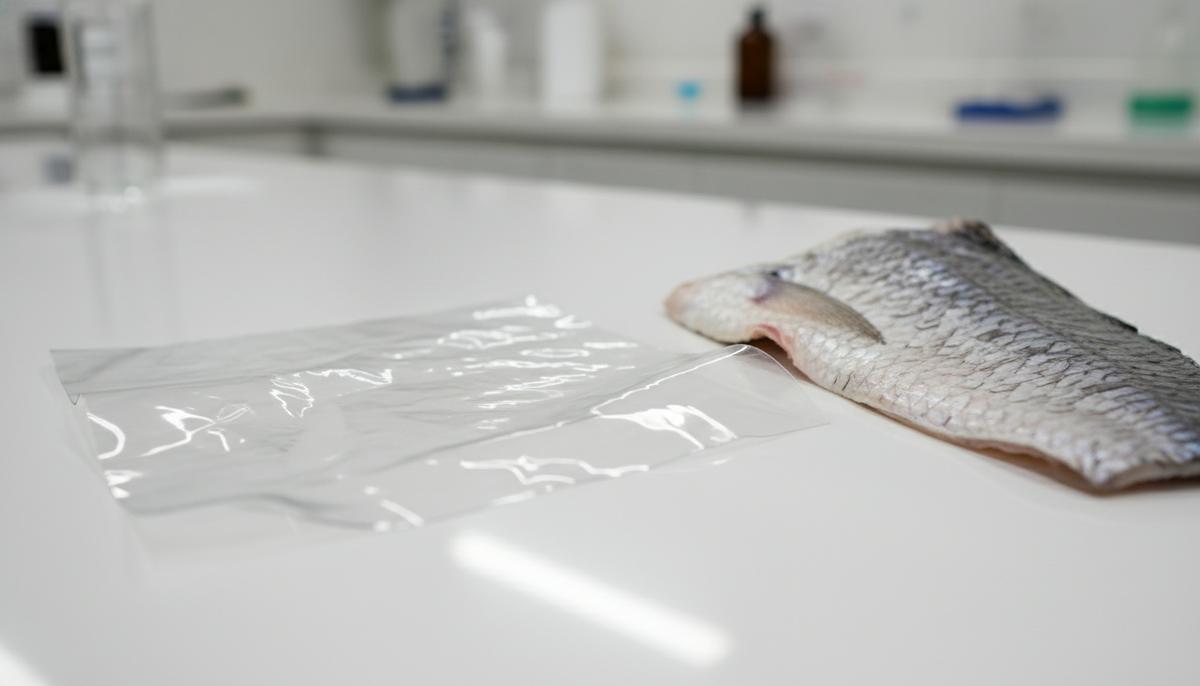 Прозрачный лист биоразлагаемой пленки и кусок рыбьей кожи на белой лабораторной поверхности.