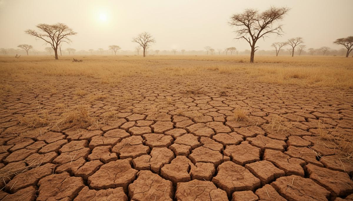 Выжженная солнцем африканская саванна с потрескавшейся землей, сухой желтой травой и редкими одинокими деревьями.