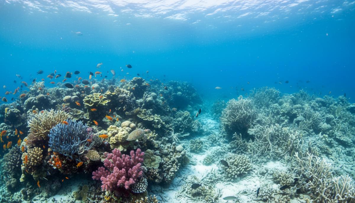 Подводный вид на коралловый риф, где одна половина яркая и полна жизни, а другая – обесцвеченная и мертвенно-белая.