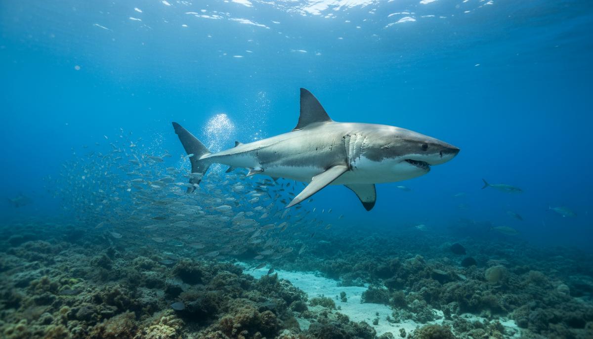 Большая белая акула в естественной среде обитания плывет в прозрачных голубых водах Средиземного моря, освещенных лучами солнца.