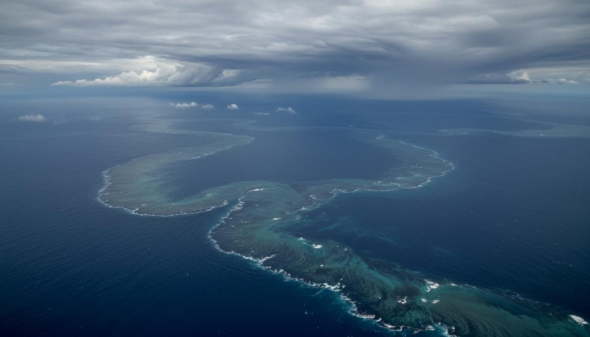Воздушный снимок южной части Индийского океана. Бурная поверхность воды со сложной текстурой и вихрями, вызванными сильными течениями. Над океаном нависают тяжелые, драматичные облака.