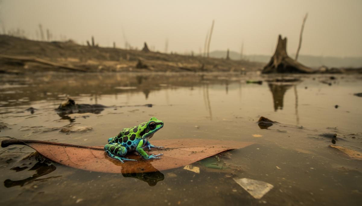 Ярко-зеленая древесная лягушка сидит на гниющем листе в мутной, загрязненной воде на фоне размытого вырубленного берега.
