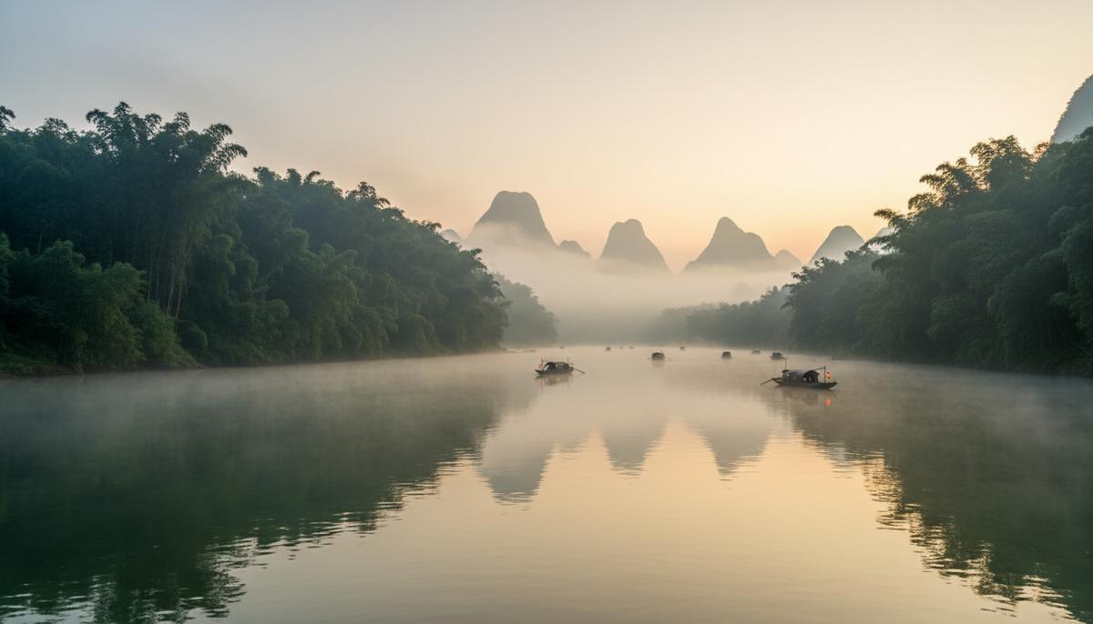 Запрет на рыбалку в Янцзы: экосистема начала восстанавливаться Широкая река Янцзы на рассвете, окутанная легким туманом. По берегам раскинулась пышная зеленая растительность.