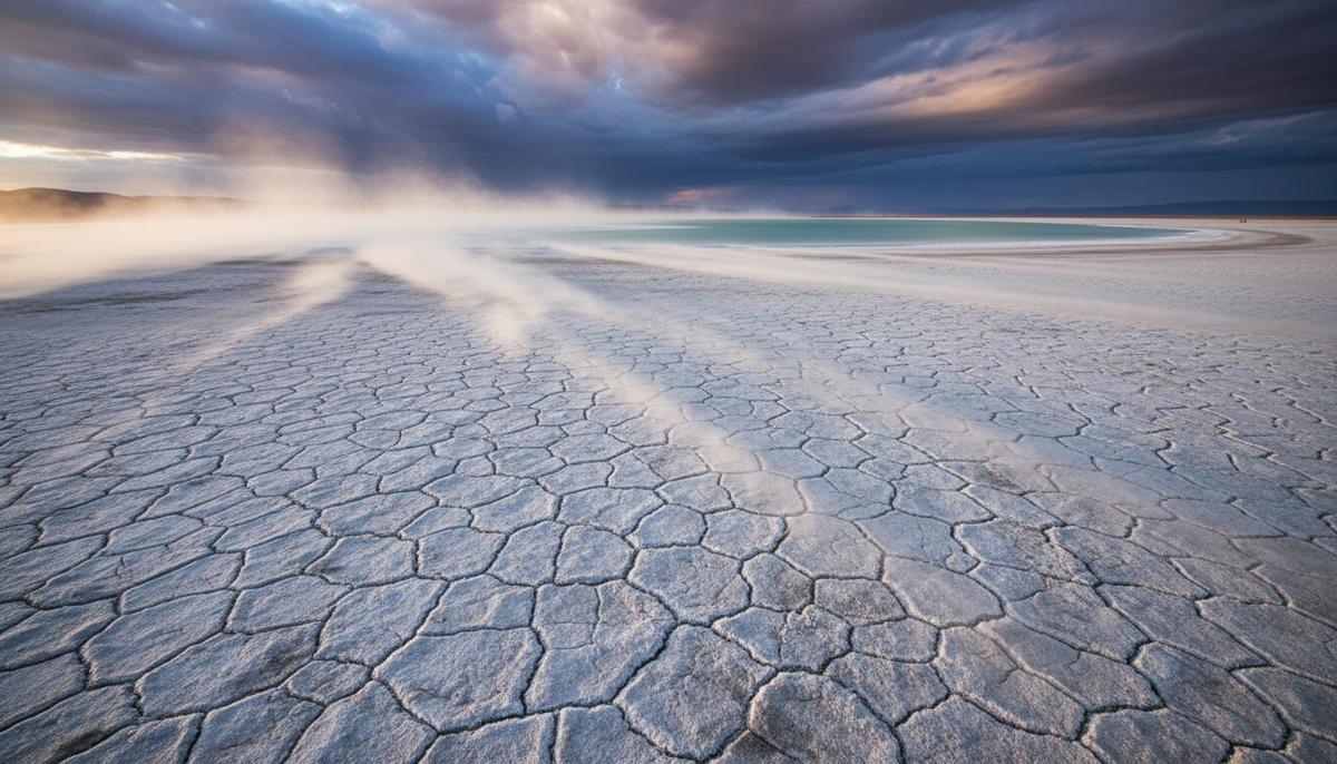 Пыль Большого Соленого озера: ученые оценили риски и пути решения Огромное потрескавшееся дно высохшего Большого Соленого озера, покрытое соляной коркой. Клубы пыли поднимаются с поверхности под порывами ветра.
