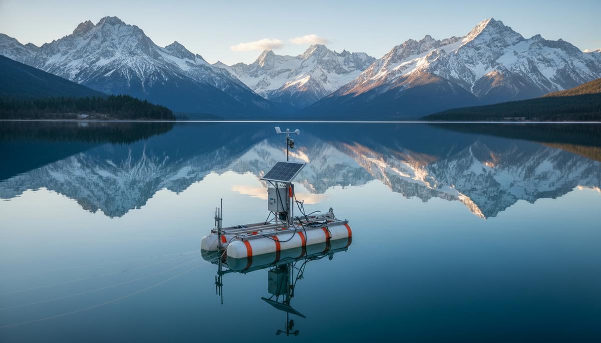 Научный измерительный буй с антенной и датчиками на спокойной воде альпийского озера, на заднем плане – горы.