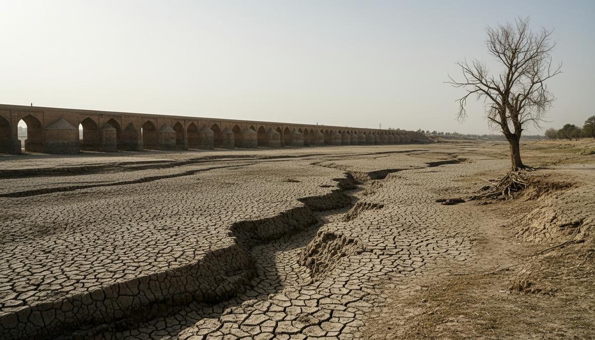 Высохшее русло реки Зайендеруд в иранском городе Исфахан. Потрескавшаяся земля и старинный каменный мост на фоне.