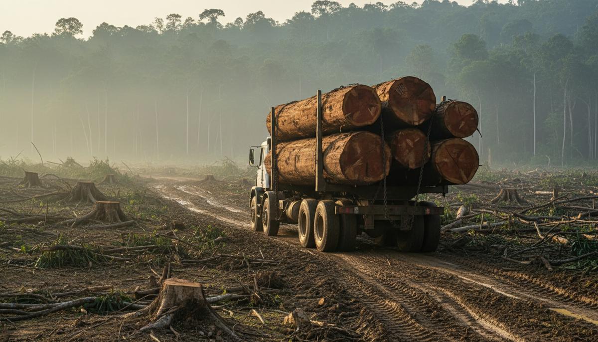 Грузовик, груженый огромными бревнами тропического дерева, едет по грязной дороге через вырубленный участок африканского леса.