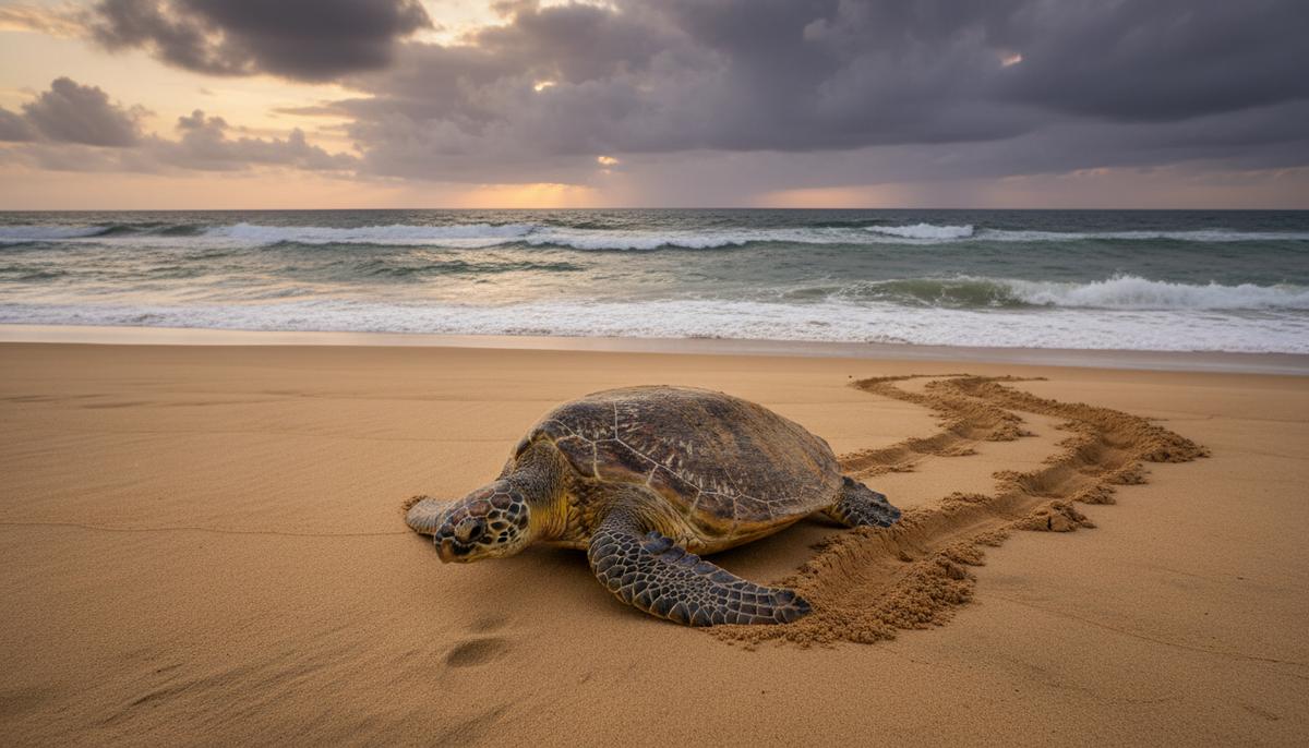 Климат меняет черепах: адаптация с угрозой для выживания Большая головастая морская черепаха ползет по песчаному пляжу на фоне океана в сумерках, оставляя следы на песке.