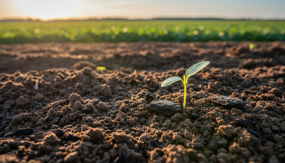 Биоуголь: почвенный ключ к углеродной нейтральности Крупный план плодородной темной почвы, смешанной с частицами черного биоугля, из которой пробивается молодой зеленый росток.