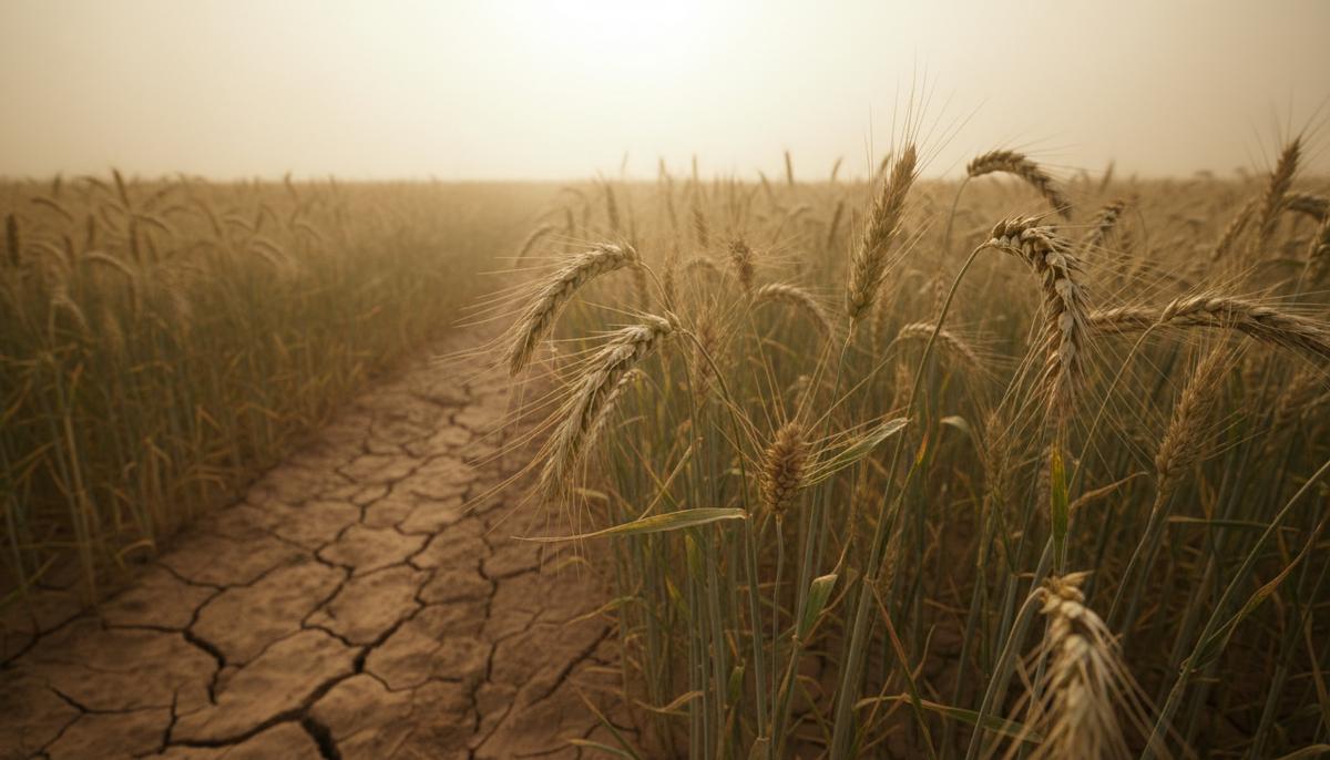 Поле цветущей пшеницы в условиях сильной жары и засухи. Колосья под палящим солнцем, сухая потрескавшаяся земля.