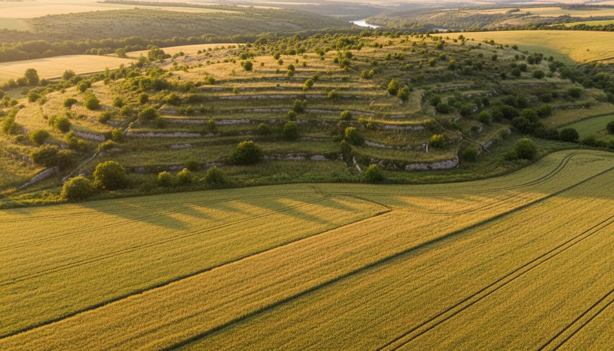Вид с воздуха на европейский пейзаж: на переднем плане плодородные поля пшеницы, на заднем – холм с дикой растительностью.