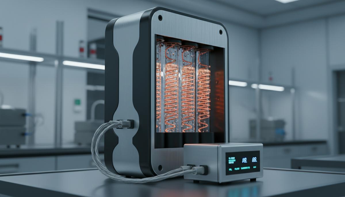 Лабораторный электролизер для производства этилена из отходов. Установка из стекла и металла с медными элементами.