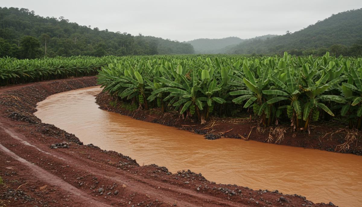 Катастрофа в Бразилии: бананы из долины Риу-Доси опасны для детей Банановая плантация на берегу реки Риу-Доси. Почва и вода в реке имеют красновато-бурый оттенок от отходов горнодобычи.