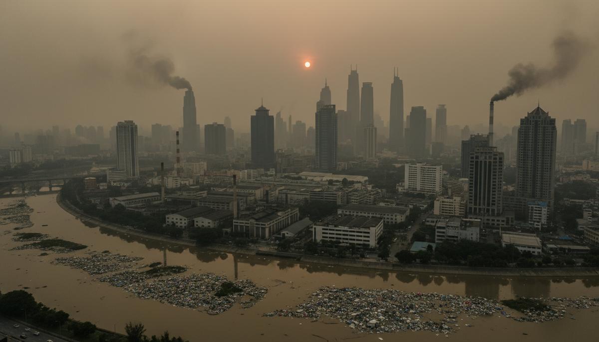 Азиатский мегаполис в густом смоге, на переднем плане – загрязненная река с мусором, на заднем – небоскребы.