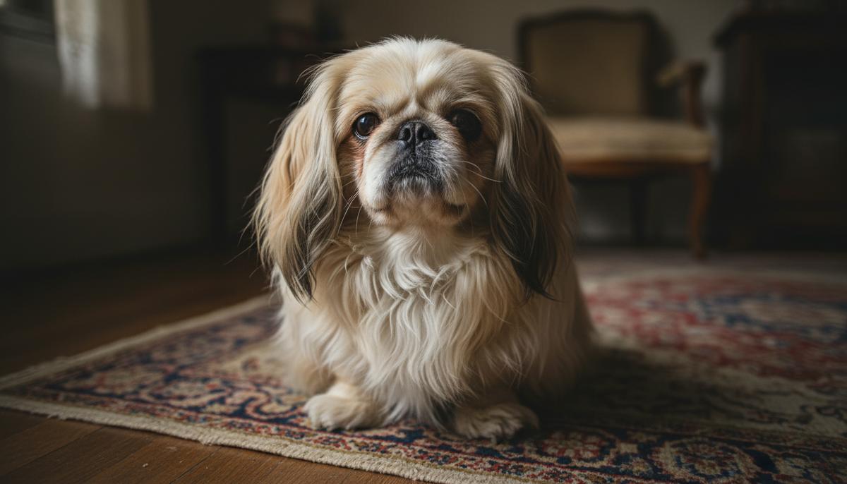 Цена моды: ученые назвали новые породы собак, страдающие от удушья Крупный план собаки породы пекинес с длинной шерстью и характерной плоской мордой, сидящей в комнате на ковре.