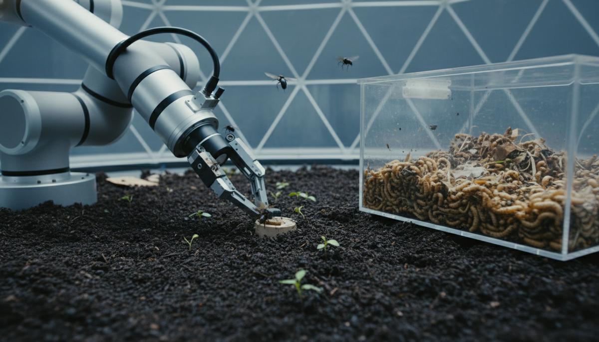Роботизированный манипулятор и личинки мухи черная львинка восстанавливают почву с зелеными ростками в биокуполе.