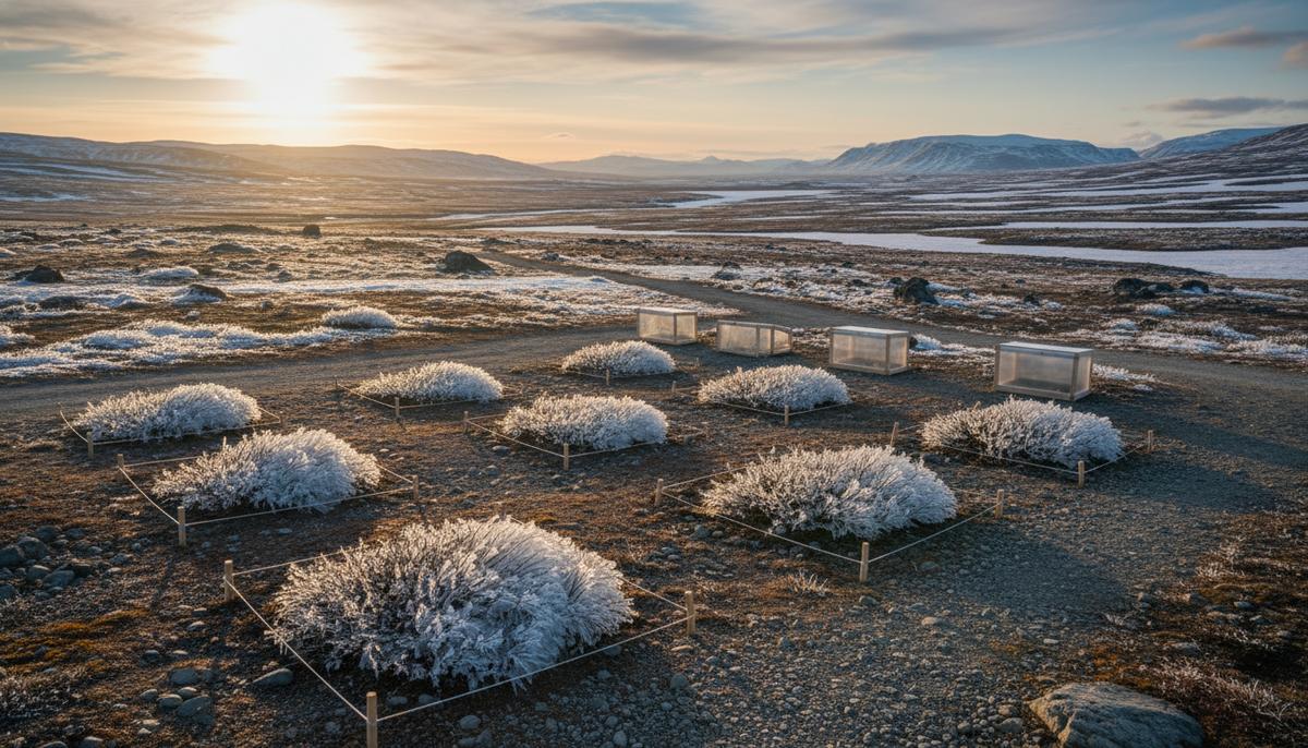 Экспериментальные участки в арктической тундре, где растения полярной ивы покрыты толстым слоем льда и окружены мини-теплицами.